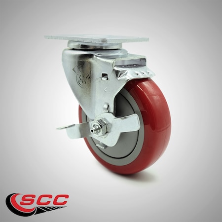 Service Caster 4 Inch SS Red Polyurethane Swivel Top Plate Caster with Brake SCC-SS20S414-PPUB-RED-TLB